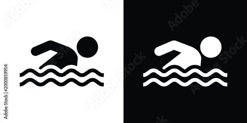 Minimalist icon of a person swimming in water. Isolated on black and white backgrounds. Perfect for pool signs, leisure sports, swimming lessons, or aquatic activities. Professional vector graphic.