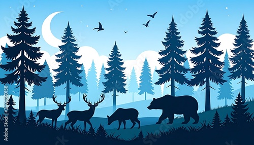 Serene blue-toned forest scene with deer, bear, birds and a crescent moon amongst silhouetted evergreen trees