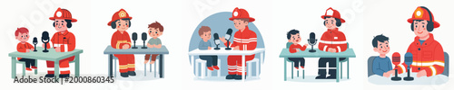 vector of firefighter and little boy doing podcast
