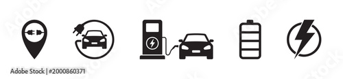 Collection of electric car charging icons, charging station sign pins, battery charging plugs. Vector illustration