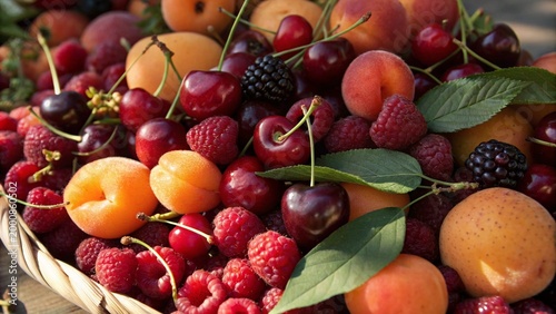 Full frame rich composition of fresh summer fruits with apricots, cherries, and mixed berries
