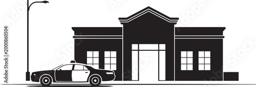 Police station building silhouette with patrol car and streetlight vector illustration flat icon