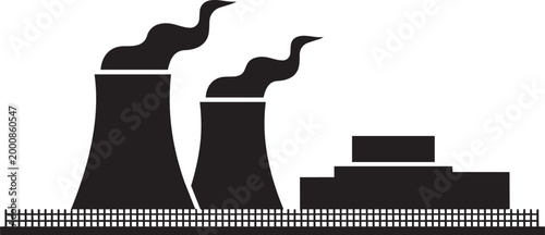 Power plant with cooling towers emitting smoke industrial building and fence silhouette with energy