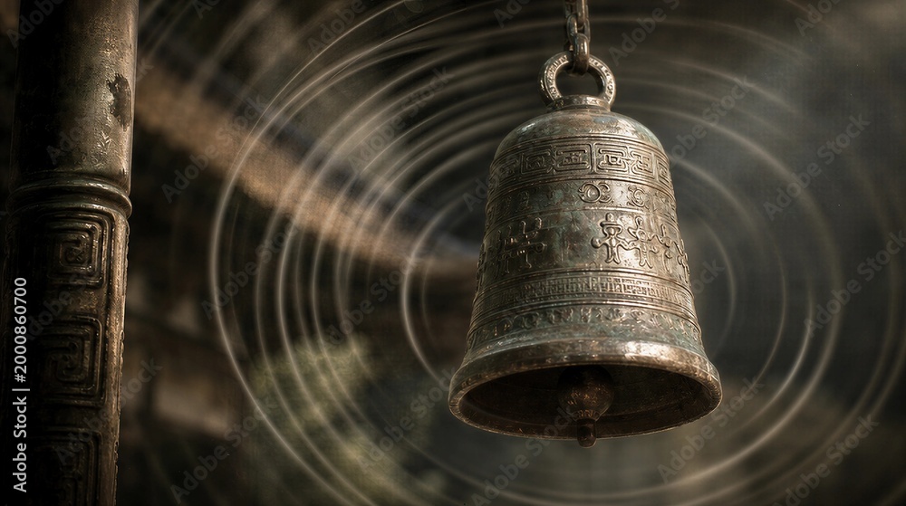 Obraz premium oganesson. Ancient bronze bell with detailed texture and visible ripples in the air. event programs, museum guides, designed for cultural heritage projects and event programs, preserves heritage.