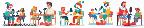 vector of clown and little boy doing podcast