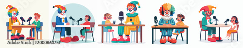 vector of clown and little boy doing podcast
