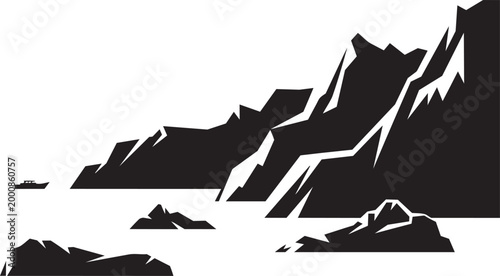 Rocky mountain coast vector illustration minimalist black and white silhouette with boat on the sea