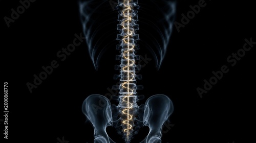 culpability. X-ray silhouette of a human spine with a subtle golden coil ascending within the vertebrae. STEM education sheets, lab safety posters, designed for biotech research communications.