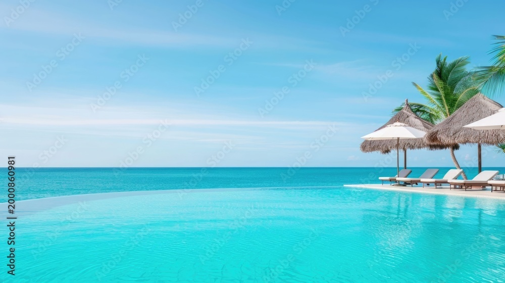 Fototapeta premium A serene and pristine infinity pool at a luxury resort with crystal clear water merging into the vast blue ocean under a bright sky featuring empty loungers and thatched umbrellas