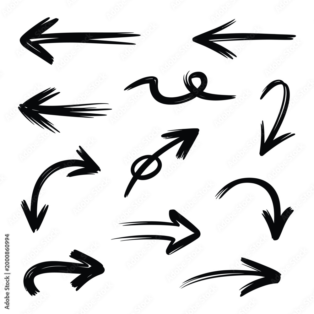 Fototapeta premium Group of black hand drawn arrows on transparent background showing various directional pointers and movement signs.