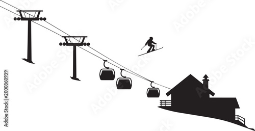 Ski lift with gondolas and a skier passing a mountain lodge vector illustration silhouette style