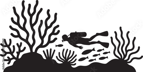 Scuba diver with fish swimming near coral and seaweed on ocean floor black silhouette vector