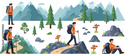 Mountain hiking vector set with male backpacker character walking climbing and resting in nature landscape with trees and peaks.