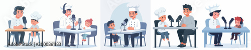 vector chef and little boy doing podcast
