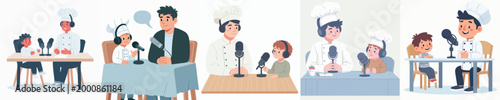 vector chef and little boy doing podcast