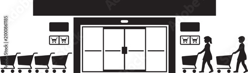 Supermarket entrance vector illustration with women pushing carts and empty trolleys in black