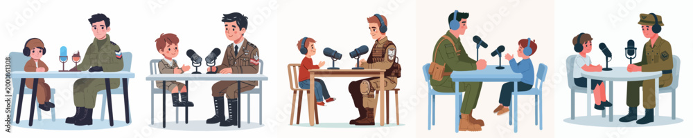 Obraz premium vector of soldier and little boy doing podcast