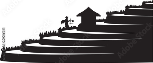 Terraced rice fields with farmer and hut minimalist silhouette vector illustration agriculture