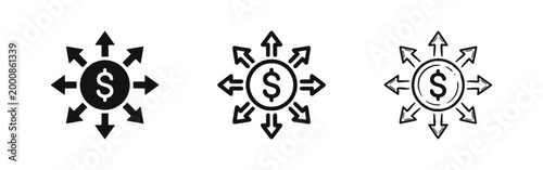 Global Money Distribution and Investment Spread Icon Set with Dollar Coin and Multiple Arrows