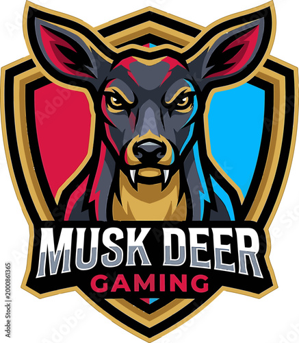 Musk Deer Gaming Logo Design with Shield and Animal Mascot