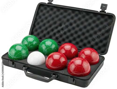 Red bocce ball cutout Green bocce ball png White target ball cutout Bocce set png Game equipment cutout Portable sport set png Petanque ball cutout Boules set isolated transparent background image