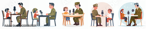 vector of soldier and little boy doing podcast