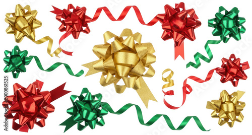 Red bow png Gold ribbon cutout Green decoration png Shiny adornment cutout Festive tie png Metallic strip cutout Holiday bow png Glossy ribbon cutout Gift isolated transparent background image