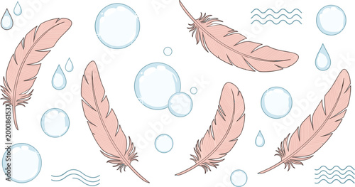 Soft pink feather vector set with soap bubbles and water drops for beauty laundry detergent and hygiene product package design.