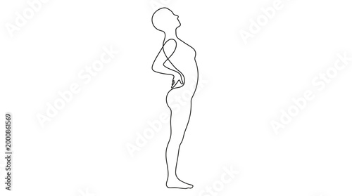 Continuous line drawing of a woman suffering from lower back pain.