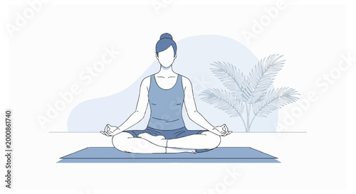 A woman with her hair in a bun performs a lotus yoga pose on a blue mat with a tropical palm leaf and circular pattern in the background.