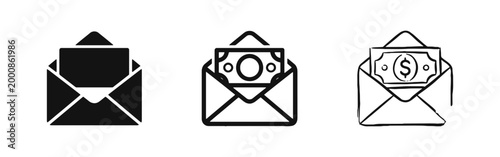 Financial Mail and Income Concept Icon Set with Cash Bill Inside an Open Envelope