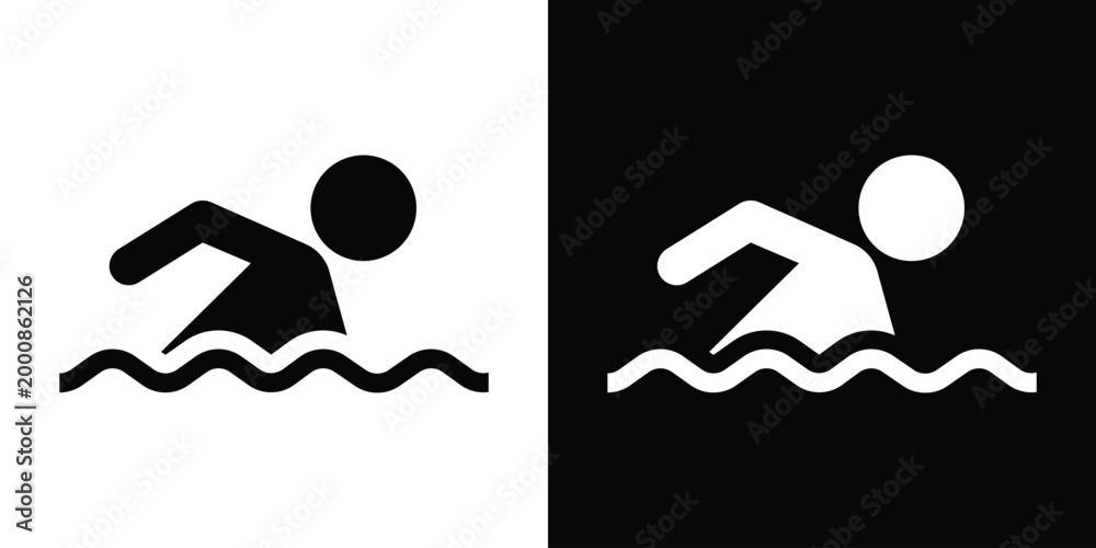 Fototapeta premium Minimalist icon of a person swimming in water. Isolated on black and white backgrounds. Perfect for pool signs, leisure sports, swimming lessons, or aquatic activities. Professional vector graphic.
