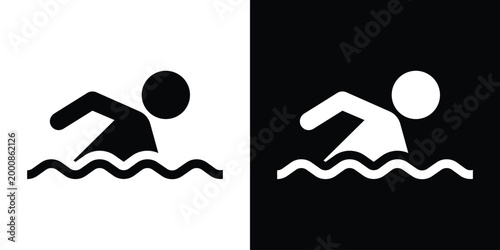 Minimalist icon of a person swimming in water. Isolated on black and white backgrounds. Perfect for pool signs, leisure sports, swimming lessons, or aquatic activities. Professional vector graphic.