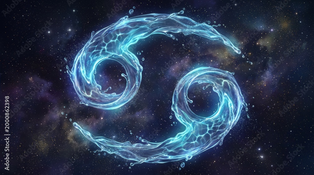 Fototapeta premium Cosmic swirls form the Cancer zodiac symbol. Bright blue energy pulses against a starry void. Deep space glow enhances mystical, celestial vibe. Perfect for astrology, fantasy