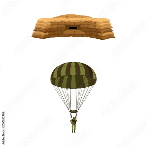 Εκτύπωση καμβά Military sandbag bunker and paratrooper vector illustration on a white backgroun