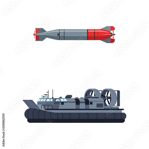 Bilde på lerret Modern military vector assets torpedo weapon and hovercraft transport vehicle de