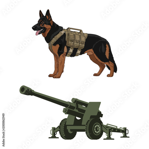 Detailed vector art depicting a loyal military dog and heavy artillery for modern warfare concepts
