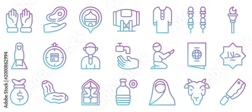 Eid al Adha and Hajj Gradient Outline Icons Collection.Vector illustration