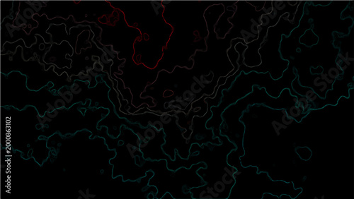 Abstract Vector Contour map of terrain with red highlight area and gradient blue line over black dark background. 