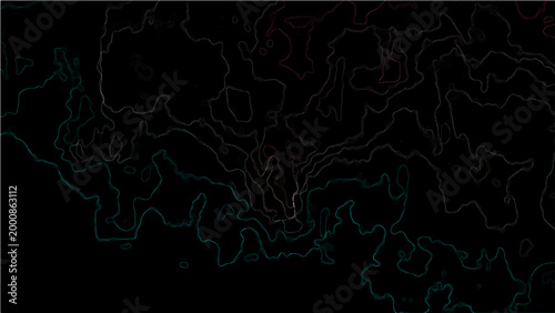 Abstract Vector topographic contour map with illuminated gradient lines and dark background representing elevation and geographical data.