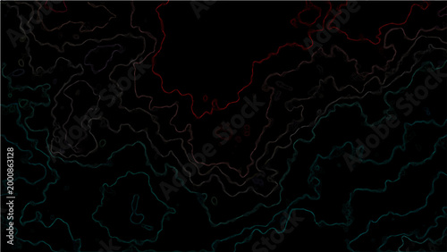 Abstract Vector dark red and green neon outlines of electrical arcing lightning strikes with textured effect, energy display on dark backdrop.