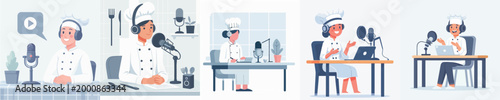 female chef vector doing podcast