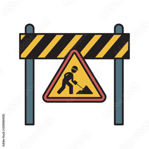 Road construction barrier icon, warning sign and worker symbol, editable EPS vector illustration, traffic safety and maintenance concept