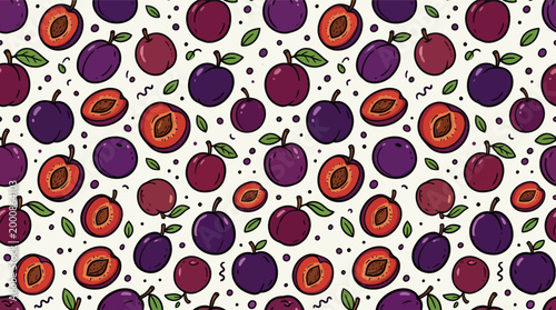 Seamless Plum Fruit Pattern with Whole Fruits and Slices for Summer Textile Design