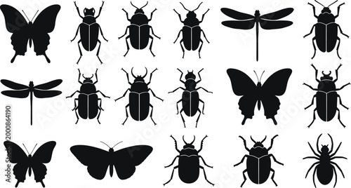 Collection of black silhouette insects including butterflies, beetles, dragonflies, and a spider white