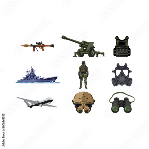 Vector set of military equipment and gear for modern warfare scenarios
