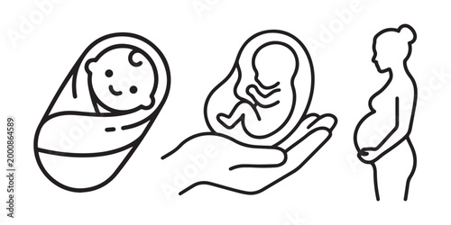 Minimalist line art icons depicting the journey of motherhood, featuring a pregnant woman silhouette, a fetus, and a swaddled newborn.