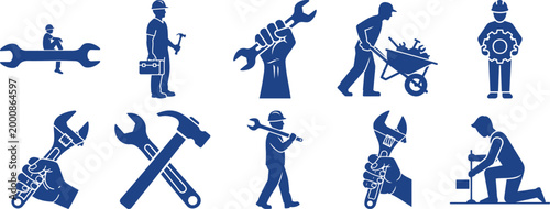 Manual laborers and construction workers using heavy tools and wheelbarrow silhouette vector illustration with wheelbarrow, construction, maintenance silhouette vector illustration