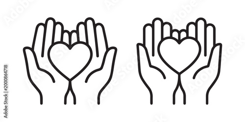 Minimalist line art icons featuring cupped hands gently holding a heart, representing charity, empathy, support, love, and compassionate community care.