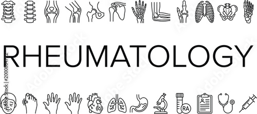 Rheumatology medical concept with joint pain arthritis diagnosis skeletal system inflammation treatment and healthcare icons collection